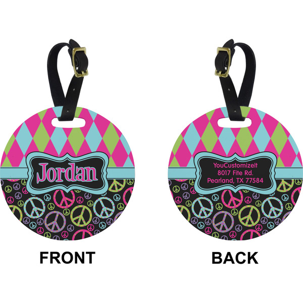 Harlequin & Peace Signs Circle Luggage Tag (Front + Back)