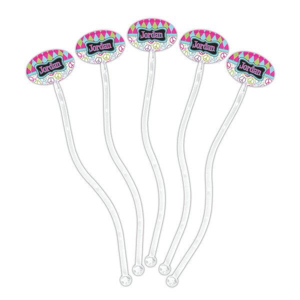 Harlequin & Peace Signs Clear Plastic 7" Stir Stick - Oval - Fan