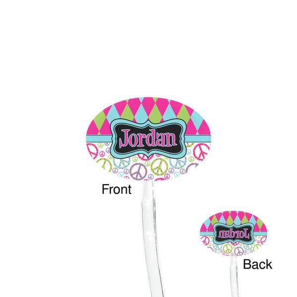 Harlequin & Peace Signs Clear Plastic 7" Stir Stick - Oval - Front & Back