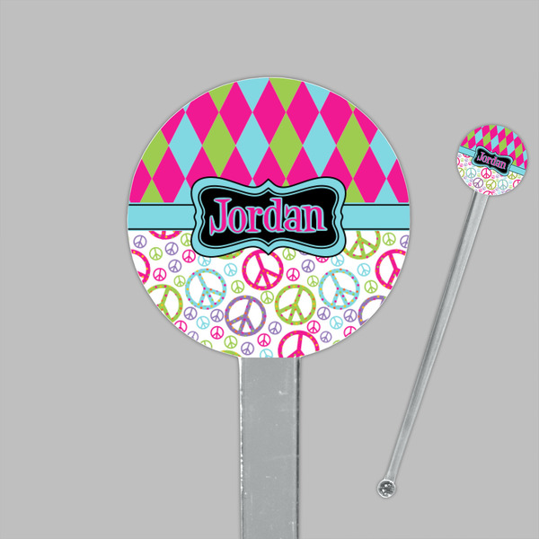 Harlequin & Peace Signs Clear Plastic 7" Stir Stick - Round - Closeup