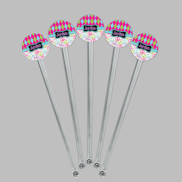 Harlequin & Peace Signs Clear Plastic 7" Stir Stick - Round - Fan View