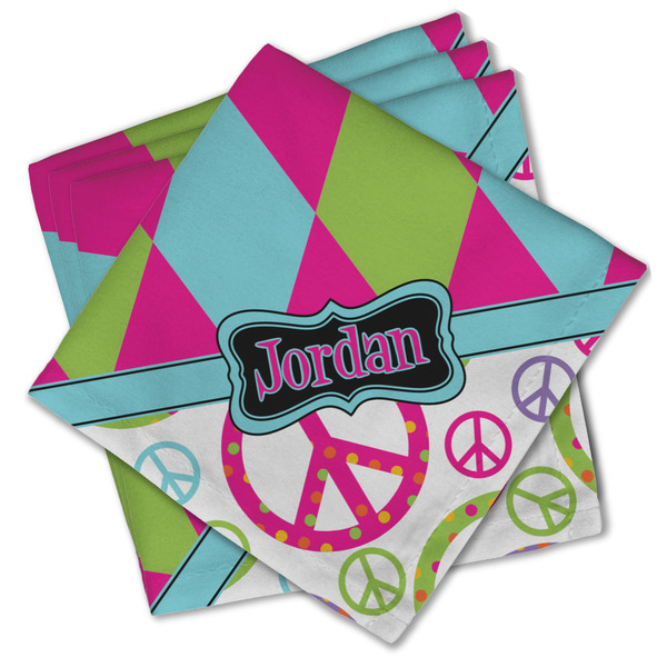 Custom Harlequin & Peace Signs Cloth Cocktail Napkins - Set of 4 w/ Name or Text
