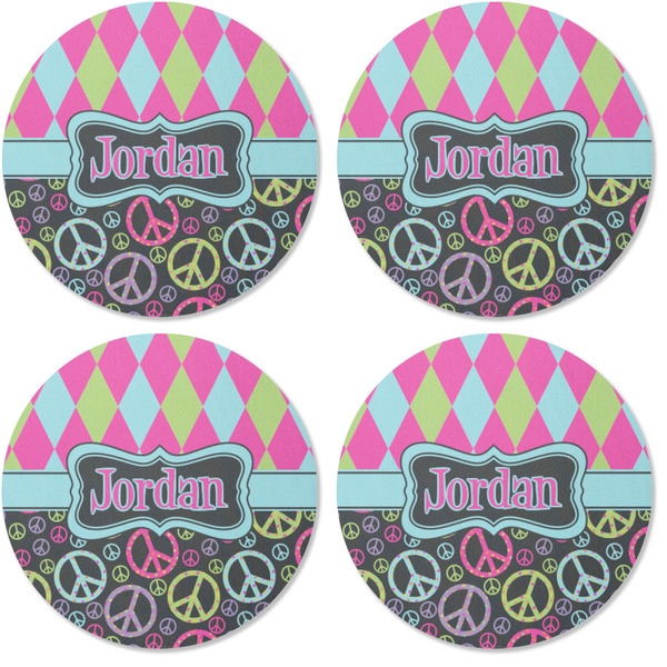 Harlequin & Peace Signs Coaster Round Rubber Back - Apvl