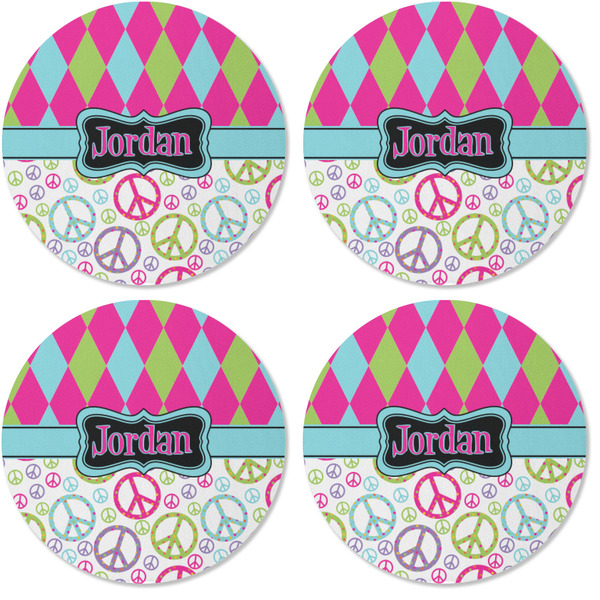 Harlequin & Peace Signs Coaster Round Rubber Back - Apvl