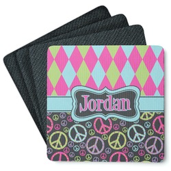 Harlequin & Peace Signs Square Rubber Backed Coasters - Set of 4 (Personalized)