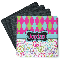 Harlequin & Peace Signs Square Rubber Backed Coasters - Set of 4 (Personalized)