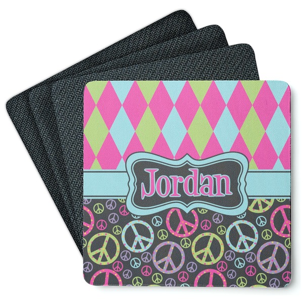 Custom Harlequin & Peace Signs Square Rubber Backed Coasters - Set of 4 (Personalized)