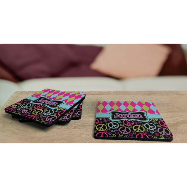 Harlequin & Peace Signs Coaster Rubber Back - On Coffee Table