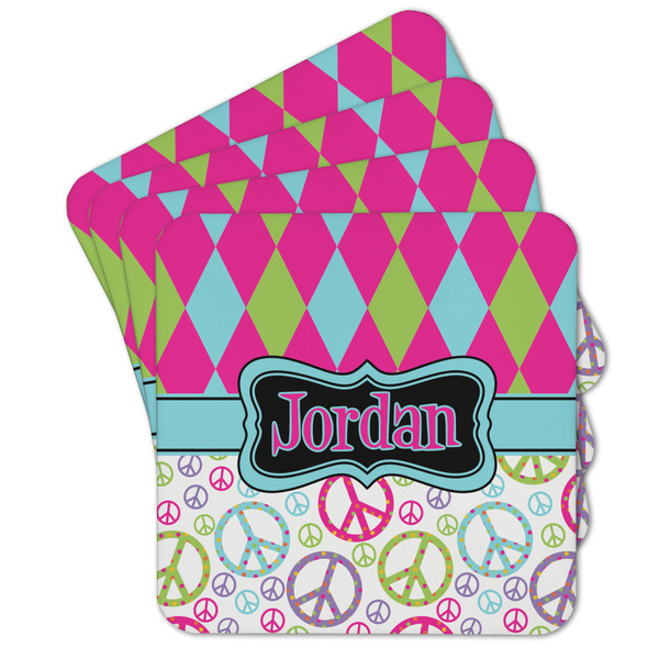 Custom Harlequin & Peace Signs Cork Coaster - Set of 4 w/ Name or Text
