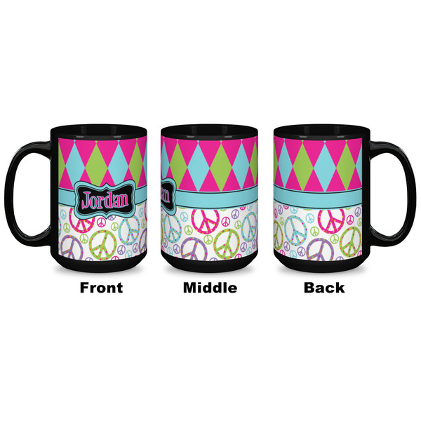 Harlequin & Peace Signs Coffee Mug - 15 oz - Black APPROVAL