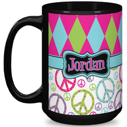 Harlequin & Peace Signs 15 Oz Coffee Mug - Black (Personalized)