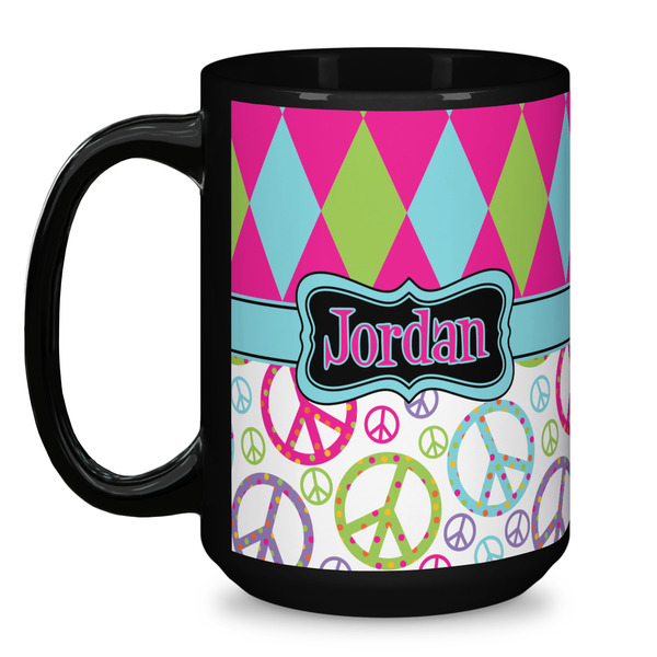 Harlequin & Peace Signs Coffee Mug - 15 oz - Black