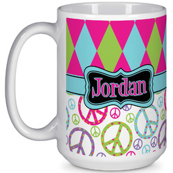 Harlequin & Peace Signs 15 Oz Coffee Mug - White (Personalized)