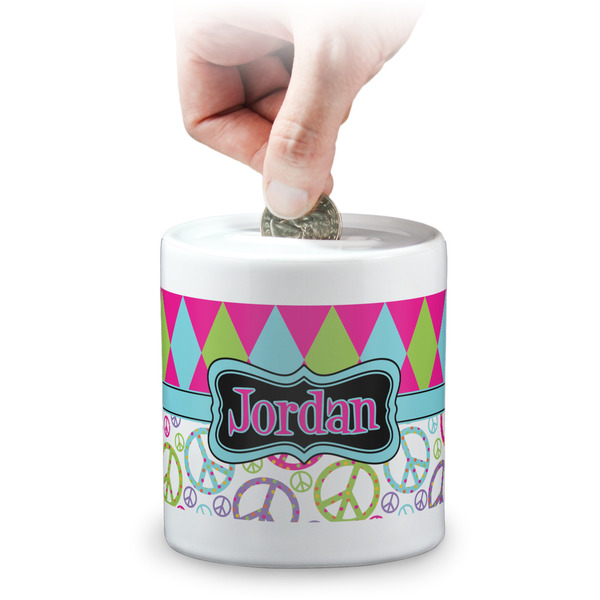 Custom Harlequin & Peace Signs Coin Bank (Personalized)