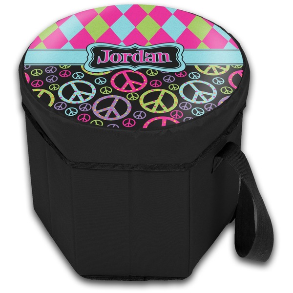 Harlequin & Peace Signs Collapsible Personalized Cooler & Seat (Closed)