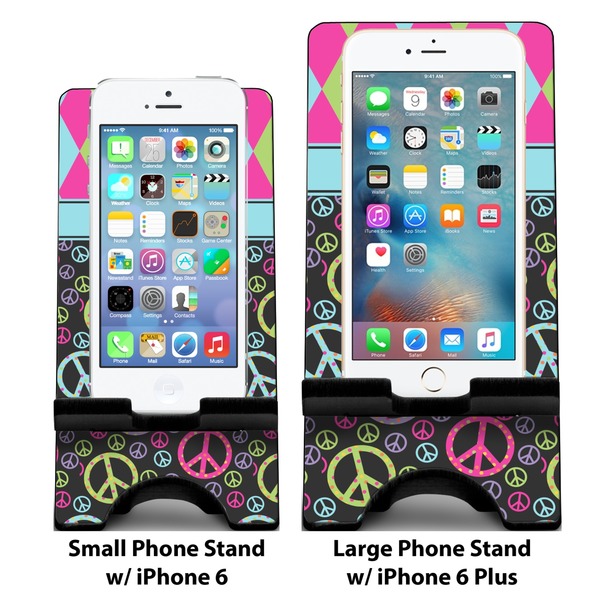 Harlequin & Peace Signs Compare Phone Stand Sizes - with iPhones
