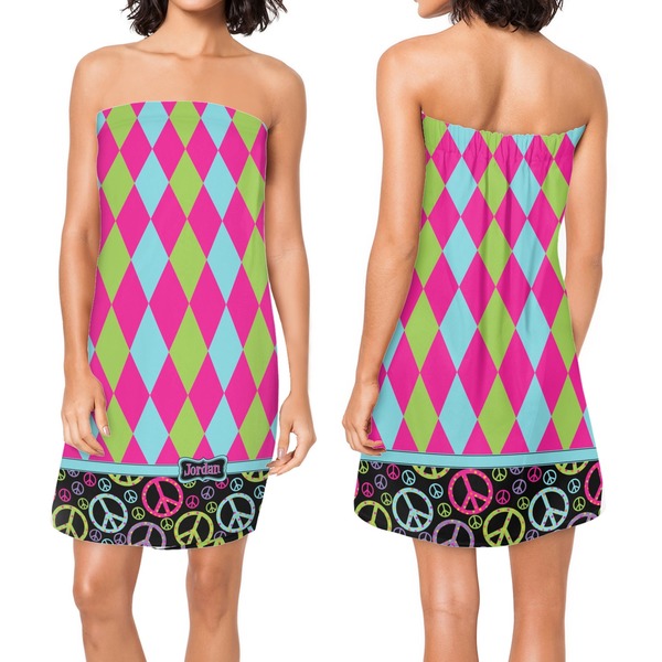 Harlequin & Peace Signs Custom Bath Wrap - Front & Back View