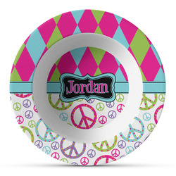 Harlequin & Peace Signs Plastic Bowl - Microwave Safe - Composite Polymer (Personalized)