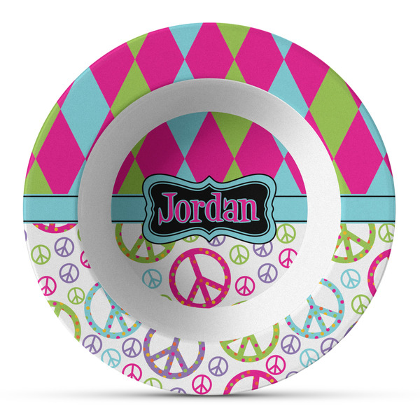 Custom Harlequin & Peace Signs Plastic Bowl - Microwave Safe - Composite Polymer (Personalized)