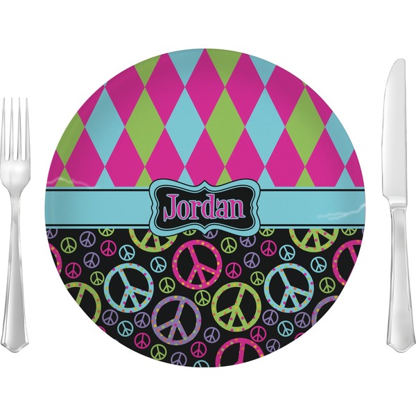 Custom Harlequin & Peace Signs Glass Lunch / Dinner Plate 10" (Personalized)