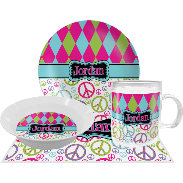 Custom Harlequin & Peace Signs Dinner Set - Single 4 Pc Setting w/ Name or Text