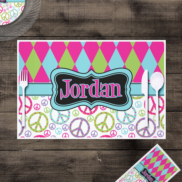 Harlequin & Peace Signs Disposable Paper Placemat - In Context