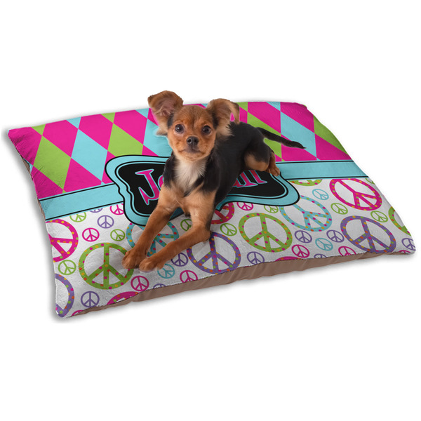 Custom Harlequin & Peace Signs Dog Bed - Small w/ Name or Text