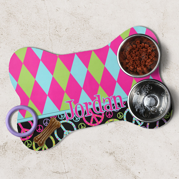 Harlequin & Peace Signs Dog Bone Shaped Mat Lifestyle