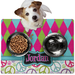 Harlequin & Peace Signs Dog Food Mat - Medium w/ Name or Text