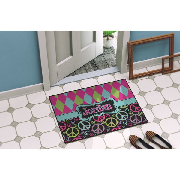 Harlequin & Peace Signs Door Mat Lifestyle