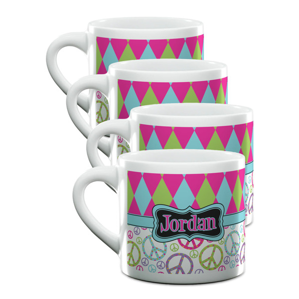 Custom Harlequin & Peace Signs Double Shot Espresso Cups - Set of 4 (Personalized)