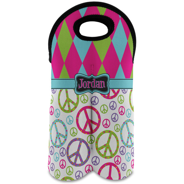 Custom Harlequin & Peace Signs Wine Tote Bag (2 Bottles) (Personalized)