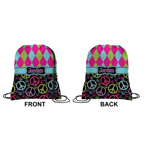 Harlequin & Peace Signs Drawstring Backpack Front & Back Small