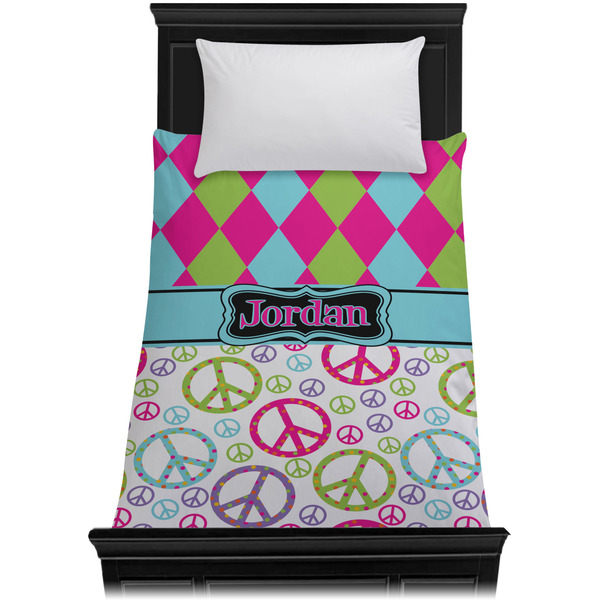 Harlequin & Peace Signs Duvet Cover - Twin XL - On Bed - No Prop