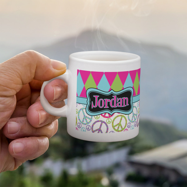Harlequin & Peace Signs Espresso Cup - 3oz LIFESTYLE (new hand)