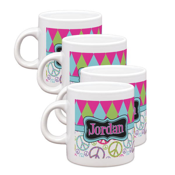 Custom Harlequin & Peace Signs Single Shot Espresso Cups - Set of 4 (Personalized)