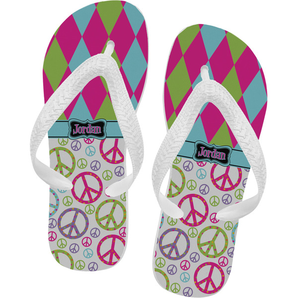 Custom Harlequin & Peace Signs Flip Flops - Small (Personalized)