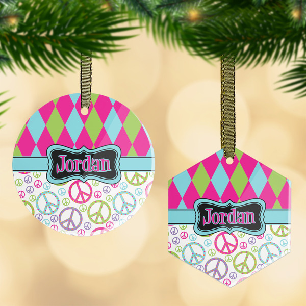 Custom Harlequin & Peace Signs Flat Glass Ornament w/ Name or Text