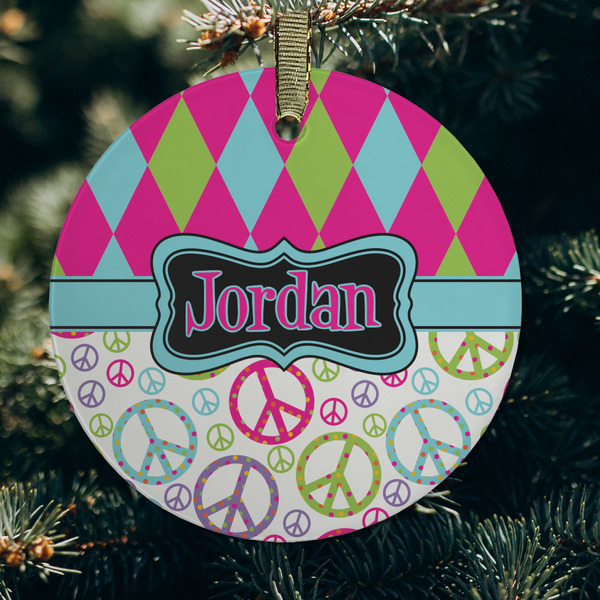 Harlequin & Peace Signs Frosted Glass Ornament - Round (Lifestyle)