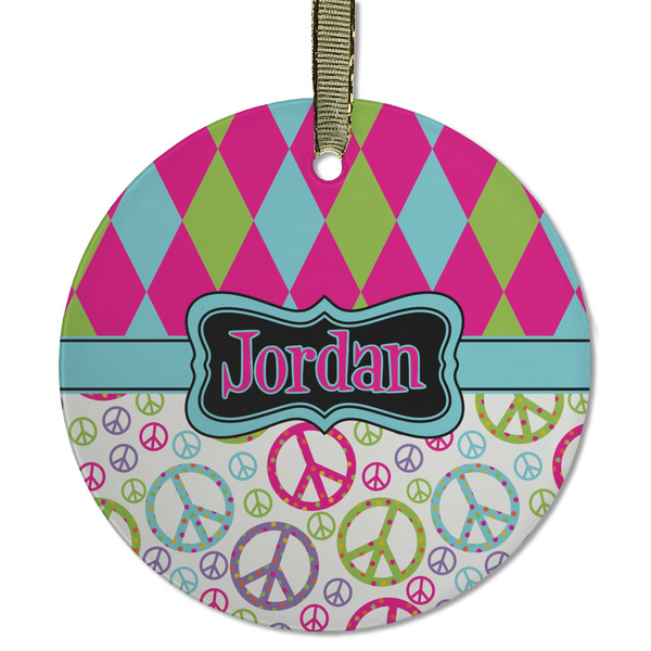 Custom Harlequin & Peace Signs Flat Glass Ornament - Round w/ Name or Text