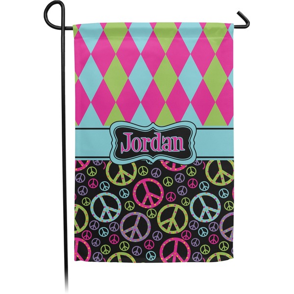 Custom Harlequin & Peace Signs Small Garden Flag - Double Sided w/ Name or Text