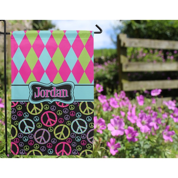 Harlequin & Peace Signs Garden Flag - Outside In Flowers