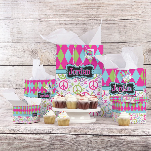 Harlequin & Peace Signs Gift Bags - In Context