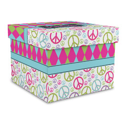 Harlequin & Peace Signs Gift Box with Lid - Canvas Wrapped - Large (Personalized)