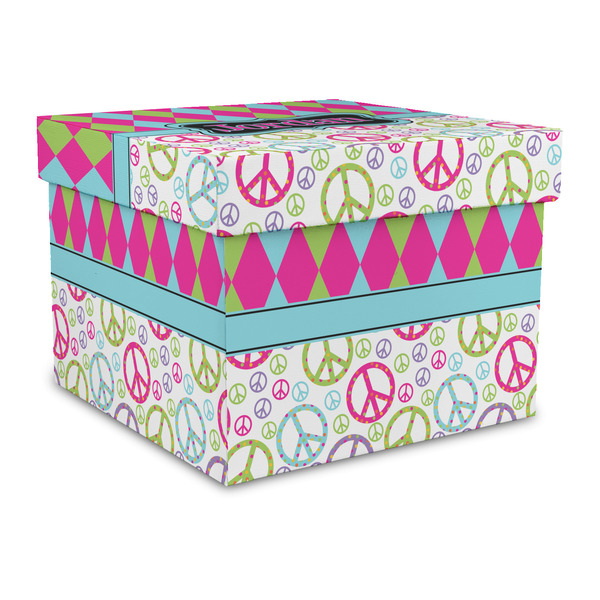 Custom Harlequin & Peace Signs Gift Box with Lid - Canvas Wrapped - Large (Personalized)