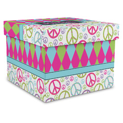 Harlequin & Peace Signs Gift Box with Lid - Canvas Wrapped - XX-Large (Personalized)