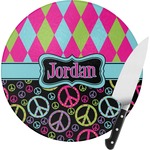 Harlequin & Peace Signs Round Glass Cutting Board - Medium (Personalized)