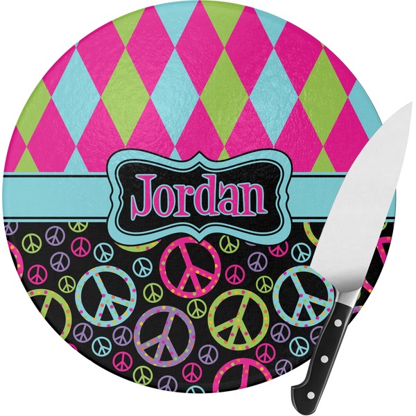 Custom Harlequin & Peace Signs Round Glass Cutting Board - Medium (Personalized)