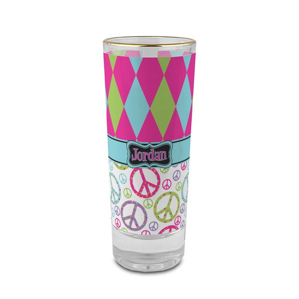 Custom Harlequin & Peace Signs 2 oz Shot Glass - Glass with Gold Rim (Personalized)