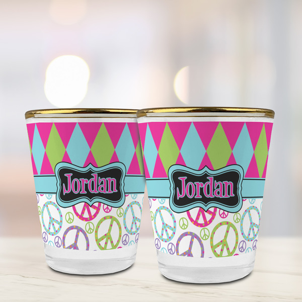 Harlequin & Peace Signs Glass Shot Glass - with gold rim - LIFESTYLE